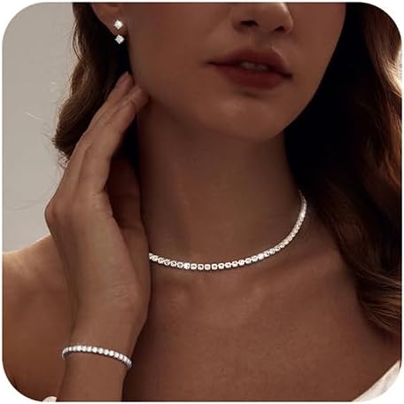 Tennis Necklace Bracelet for Women, Dainty Sterling Sliver Choker Necklace Crystal Link Bracelet Stud Earrings for Women Wedding Jewelry for Bride Jewelry Set Accessories