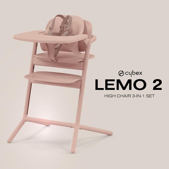 Cybex LEMO High Chair 3-in-1 Set with Baby Set + Snack Tray - Modern Design, One-Hand Depth & Height Adjustment & Anti-Tip Wheels - from 6 Months, Convertible to Adult Chair, Pearl Pink