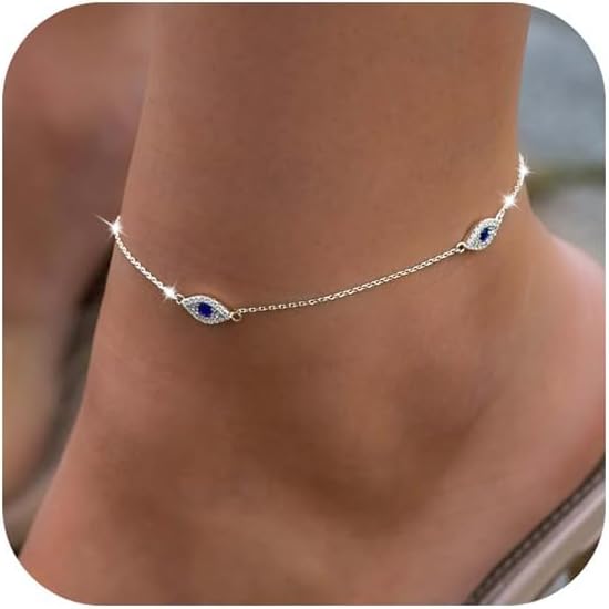 LEXODY Silver/Gold Anklets for Women, Sterling Silver Evil Eye Ankle Bracelets for Women Trendy Dainty Waterproof Anklets Set Adjustable Layered Anklet Bracelets for Women Silver Jewelry Gift