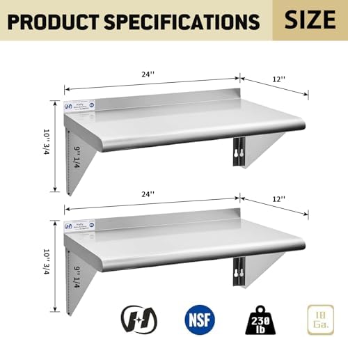 Hally Stainless Steel Shelf 2 Pack Wall Mounted Metal Shelves 12"x24" NSF - Image 3