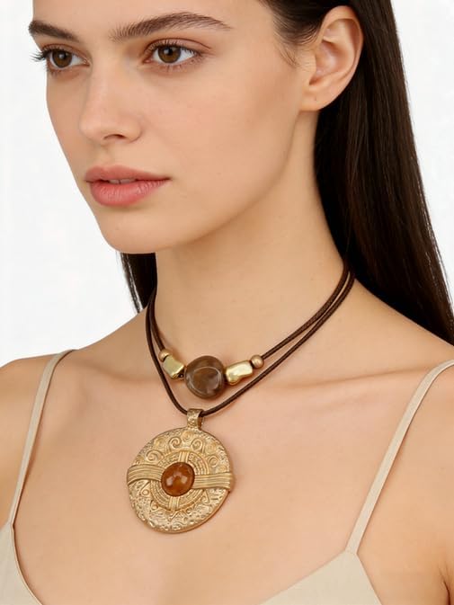 Boho Necklaces for Women Chunky Circle Necklace Layered Boho Circle Leather Choker Necklace Long Vintage Necklaces Bohemian Jewlery Gifts