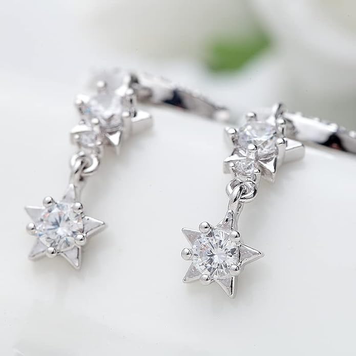 14K Gold Moissanite Moon Star Long Drop Earrings,Dainty Moon and Star Style Long Dangle Earrings,Fashion Jewelry Gift for Her