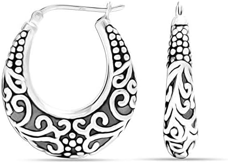LeCalla 925 Sterling Silver Bali-Style Hoop Earrings Lightweight Click-Top Antique Two-Tone Beaded Italian Bali Style Earring Hoops for Women