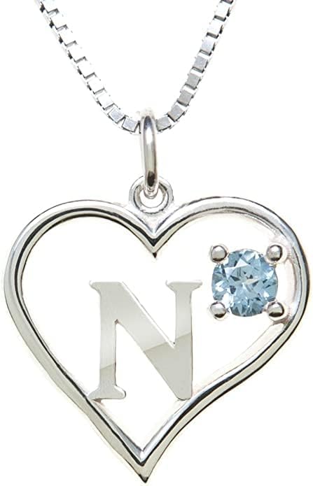 Silver Sterling Necklace Initial Letter A-Z Birthstone for Women – Personalized Custom Jewelry Pendant with Heart Design Customized Dainty Charm for Wife Girlfriend Mom – 18" Box Chain