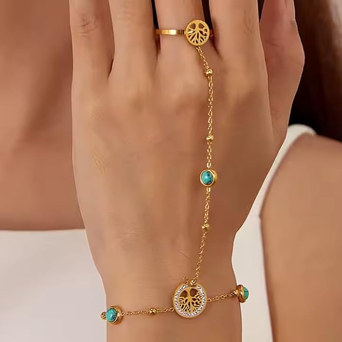 KROSS KULTURE 18K Gold Tree of Life Charm Hand Chain Finger Ring Bracelet with Turquoise Gemstones, Adjustable Dainty Waterproof Hypoallergenic Stainless Steel Fashion Jewelry Gift for Her