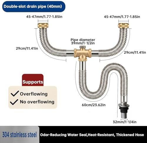 Double Sink Drain Kit, Stainless Steel Corrugated Flexible Drain Hose, - Image 2