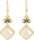 14K Gold over 925 Sliver Natural Jade Enamel Gradient Earrings, Round Lotus Design Drop Earrings, Elegant Jade Jewelry Gift for Mother's Serenity