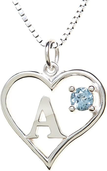 Silver Sterling Necklace Initial Letter A-Z Birthstone for Women – Personalized Custom Jewelry Pendant with Heart Design Customized Dainty Charm for Wife Girlfriend Mom – 18" Box Chain