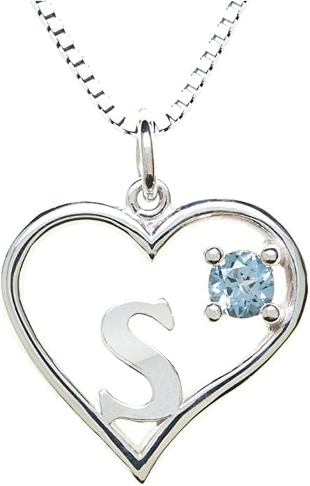 Silver Sterling Necklace Initial Letter A-Z Birthstone for Women – Personalized Custom Jewelry Pendant with Heart Design Customized Dainty Charm for Wife Girlfriend Mom – 18" Box Chain