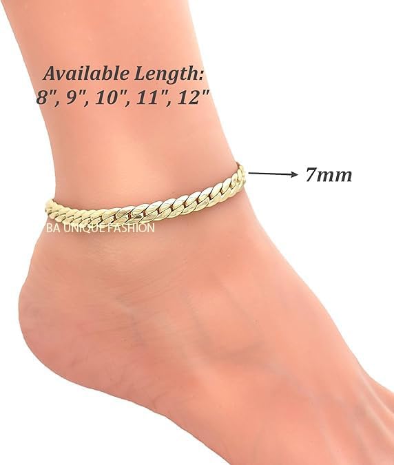 Gold Electroplated Anklet for Women, 9-12 Inch Sizes, Figaro, Cuban, Mariner, Herringbone Design - Made in Korea