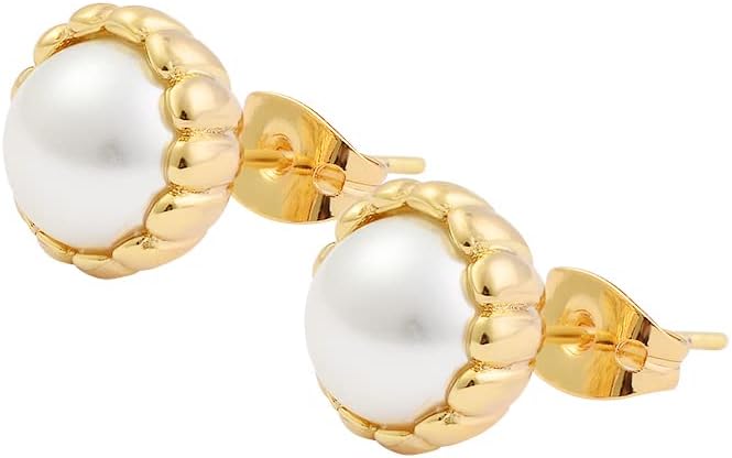 Brass Simulated Pearl Flower Stud Earrings