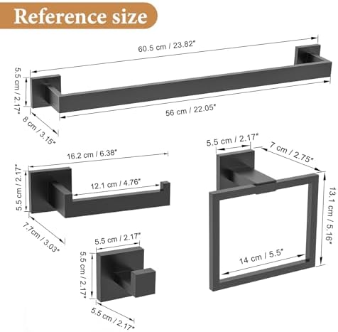 TURS 5-Piece Bathroom Hardware Set Matte Black Towel Bar Set Bath Towel Holder - Image 7