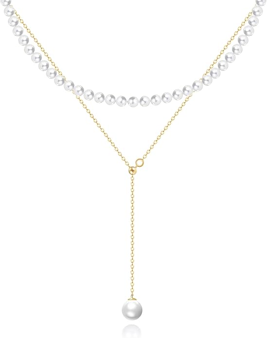 Zeffy Gold Pearl Necklace for Women, Dainty 14K Gold/Silve Plated Layered Pearl Choker Pearl Earrings Pearl Bracelets Wedding Trendy Gold Jewelry Set for Women Gifts