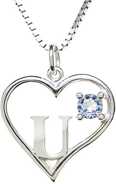 Silver Sterling Necklace Initial Letter A-Z Birthstone for Women – Personalized Custom Jewelry Pendant with Heart Design Customized Dainty Charm for Wife Girlfriend Mom – 18" Box Chain