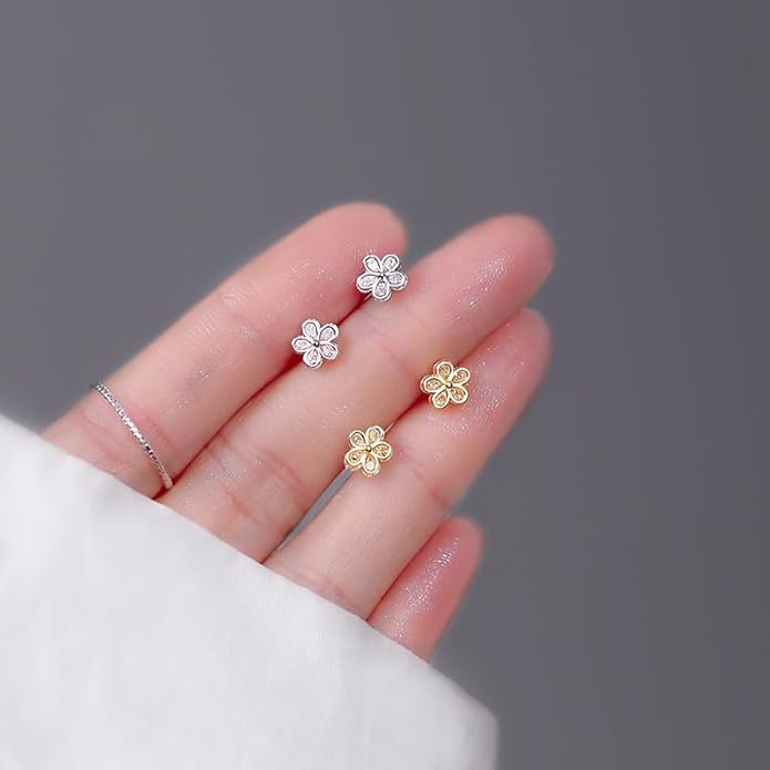 925 Sterling Silver Cubic Zirconia Screw Back Cute Flower Stud Earrings for Women