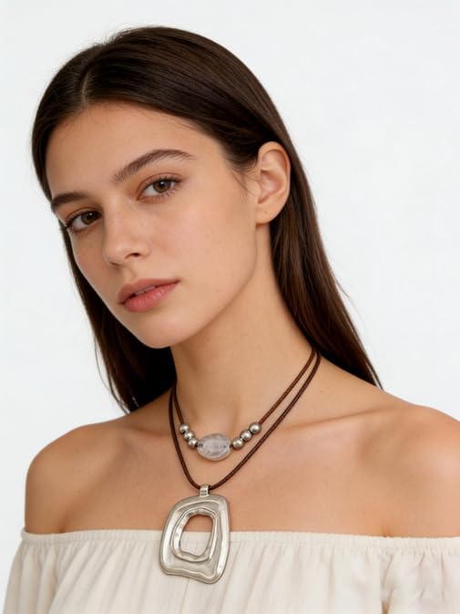 Boho Necklaces for Women Chunky Circle Necklace Layered Boho Circle Leather Choker Necklace Long Vintage Necklaces Bohemian Jewlery Gifts