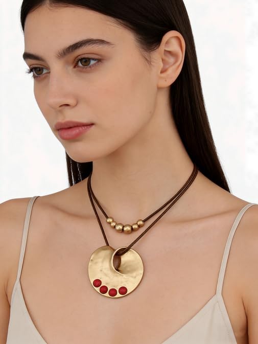 Boho Necklaces for Women Chunky Circle Necklace Layered Boho Circle Leather Choker Necklace Long Vintage Necklaces Bohemian Jewlery Gifts