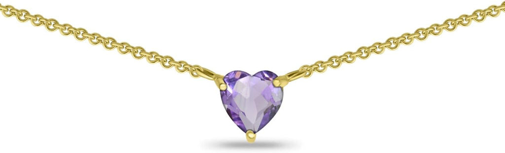 Birthstone Necklace for Women - Genuine or Synthetic Gemstone, 7mm Heart Solitaire, Short Dainty Layered Choker, Silver