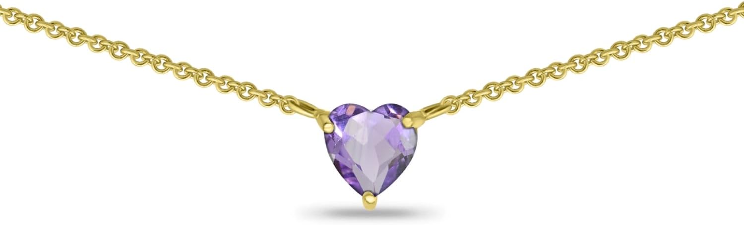 Birthstone Necklace for Women - Genuine or Synthetic Gemstone, 7mm Heart Solitaire, Short Dainty Layered Choker, Silver