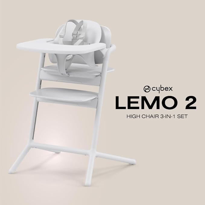 Cybex LEMO High Chair 3-in-1 Set with Baby Set + Snack Tray - Modern Design, One-Hand Depth & Height Adjustment & Anti-Tip Wheels - from 6 Months, Convertible to Adult Chair, All White