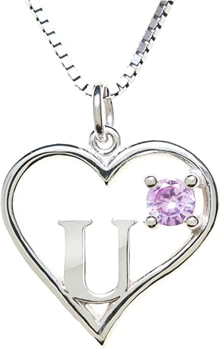 Silver Sterling Necklace Initial Letter A-Z Birthstone for Women – Personalized Custom Jewelry Pendant with Heart Design Customized Dainty Charm for Wife Girlfriend Mom – 18" Box Chain