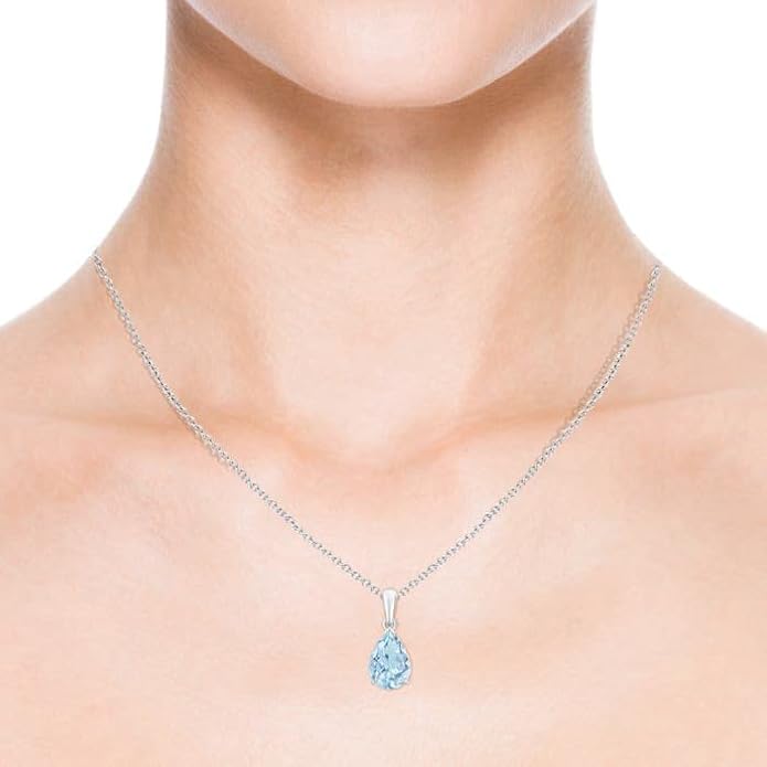 Angara Natural Aquamarine Solitaire Pendant for Women | Pear-Shaped Aquamarine Solitaire Pendant in 14K Solid Gold/Silver/Platinum With 18" Chain | March Birthday, Gemstone Jewelry Gift