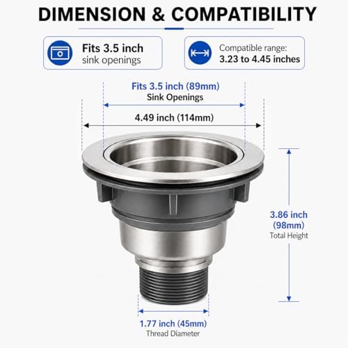 3.5" Kitchen Sink Drain, 304 Stainless Steel Strainer - Image 3
