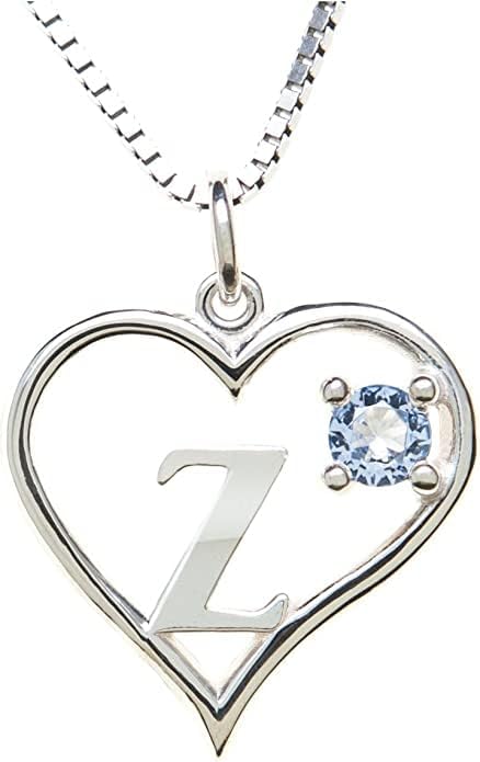 Silver Sterling Necklace Initial Letter A-Z Birthstone for Women – Personalized Custom Jewelry Pendant with Heart Design Customized Dainty Charm for Wife Girlfriend Mom – 18" Box Chain