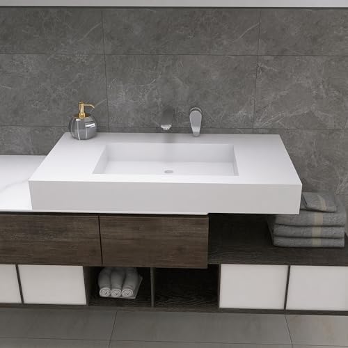 35"X19" Wall Mount Sink, Stone Bathroom Sink without Holes by MEDUNJESS