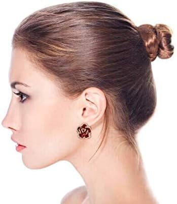 Pink Red Enamel Flower Crystal Edge Spring Retro Floral Rose Clip On Earrings For Women Non Pierced Ears 14K Gold Plated