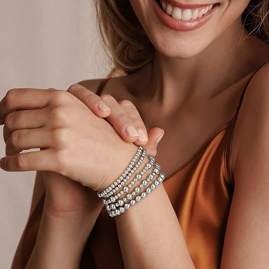 adoyi Valentines Day Gifts for Her Gold Bracelets for Women Waterproof, 14K Gold Plated Beaded Strand Bead Ball Bracelets stack Adjustable Jewelry Set for Gifts
