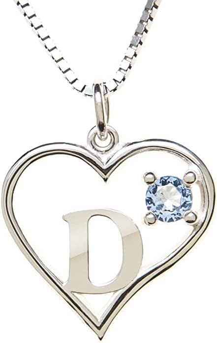 Silver Sterling Necklace Initial Letter A-Z Birthstone for Women – Personalized Custom Jewelry Pendant with Heart Design Customized Dainty Charm for Wife Girlfriend Mom – 18" Box Chain