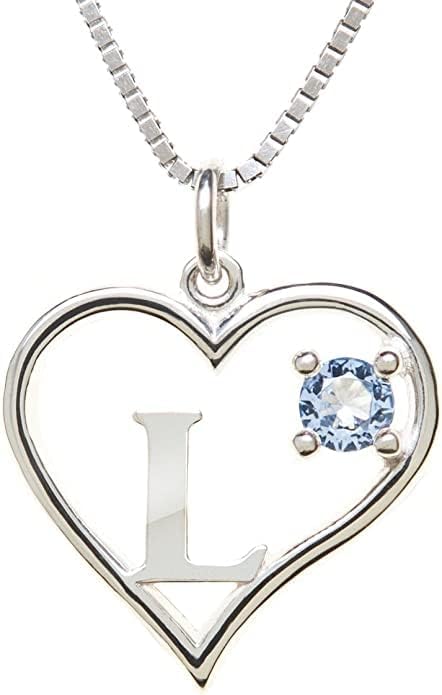 Silver Sterling Necklace Initial Letter A-Z Birthstone for Women – Personalized Custom Jewelry Pendant with Heart Design Customized Dainty Charm for Wife Girlfriend Mom – 18" Box Chain