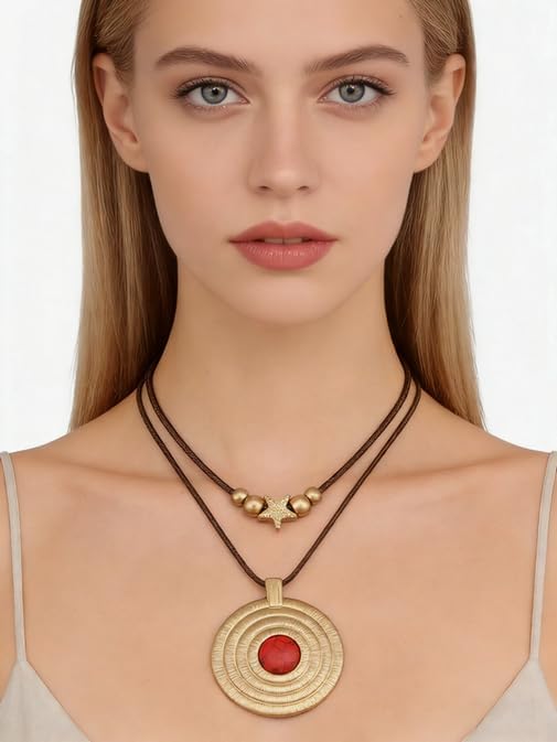 Boho Necklaces for Women Chunky Circle Necklace Layered Boho Circle Leather Choker Necklace Long Vintage Necklaces Bohemian Jewlery Gifts