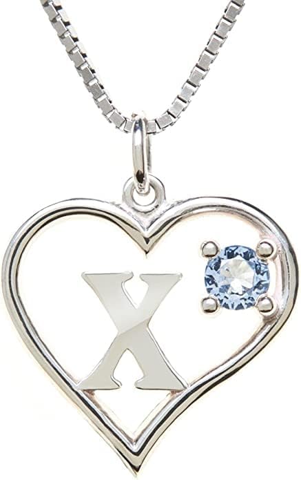 Silver Sterling Necklace Initial Letter A-Z Birthstone for Women – Personalized Custom Jewelry Pendant with Heart Design Customized Dainty Charm for Wife Girlfriend Mom – 18" Box Chain