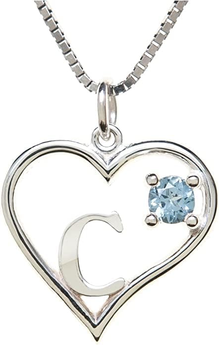 Silver Sterling Necklace Initial Letter A-Z Birthstone for Women – Personalized Custom Jewelry Pendant with Heart Design Customized Dainty Charm for Wife Girlfriend Mom – 18" Box Chain