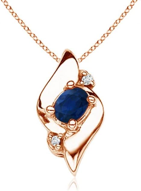 Angara Natural Blue Sapphire Pendant for Women | Shell Style Oval Sapphire and Diamond Pendant in 14K Solid Gold/Silver/Platinum With 18" Chain | September Birthday, Gemstone Jewelry Gift