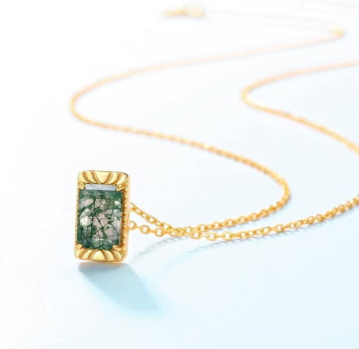 14K Gold Geometric Teardrop Moss Agate Pendant, Vintage Style Collarbone Necklace, Artisan-Crafted Fine Jewelry for Everyday Wear