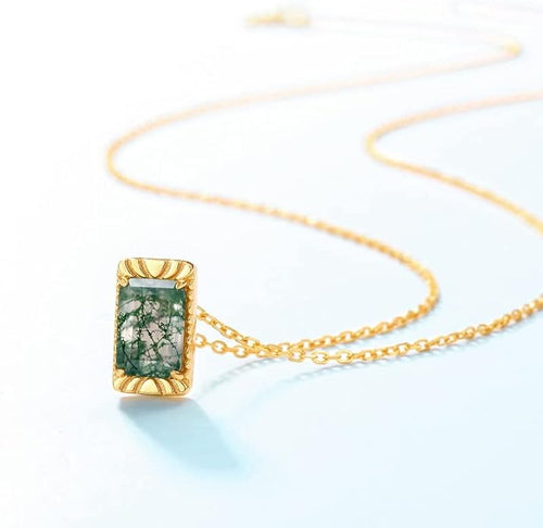 14K Gold Geometric Teardrop Moss Agate Pendant, Vintage Style Collarbone Necklace, Artisan-Crafted Fine Jewelry for Everyday Wear