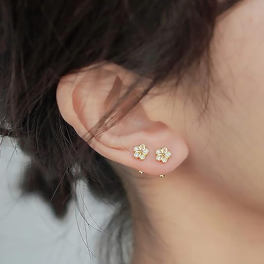925 Sterling Silver Cubic Zirconia Screw Back Cute Flower Stud Earrings for Women