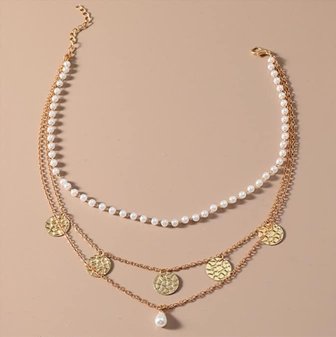 Multi-layered Necklace with Pendant,Gold Layered, Alloy Necklace Round Pearl Necklace Statement Women’s Jewelry Pearl Jewelry Gifts for Women – 14"+2"