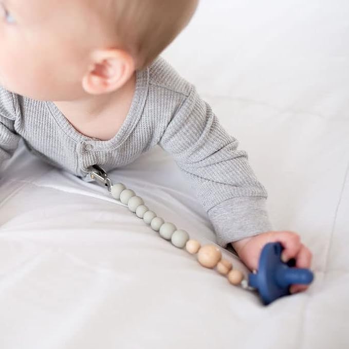 Colour Block Pacifier Clip – Food-Grade Silicone Soother Holder & Teether Strap – Secure, Non-Toxic Binky Clip for Babies – Durable, Stylish, and Easy to Clean – Unisex Baby Accessory - Sage