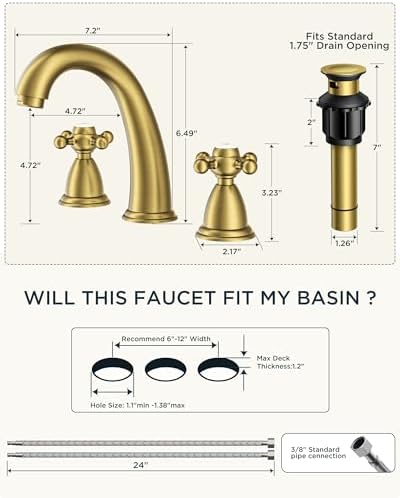 FORIOUS Bathroom Sink Faucet 3 Hole Widespread 8 Inch Vintage​ Brushed Gold - Image 2