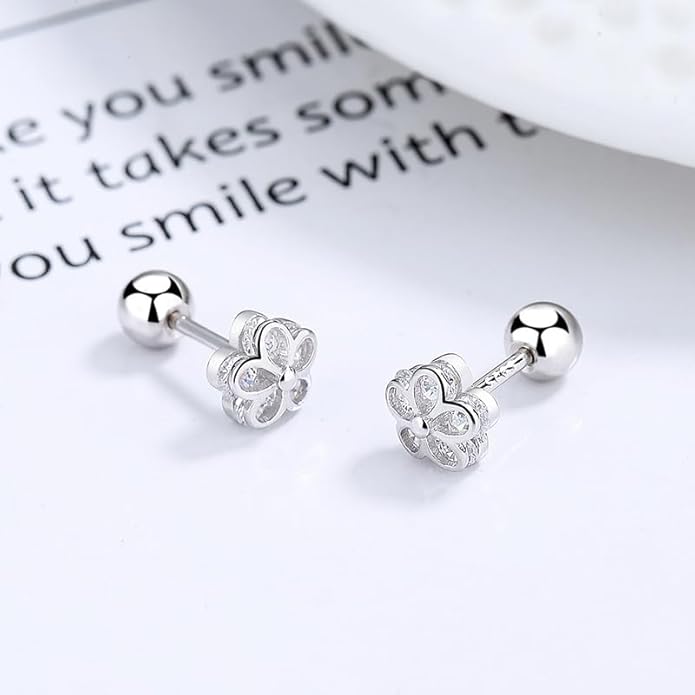 925 Sterling Silver Cubic Zirconia Screw Back Cute Flower Stud Earrings for Women