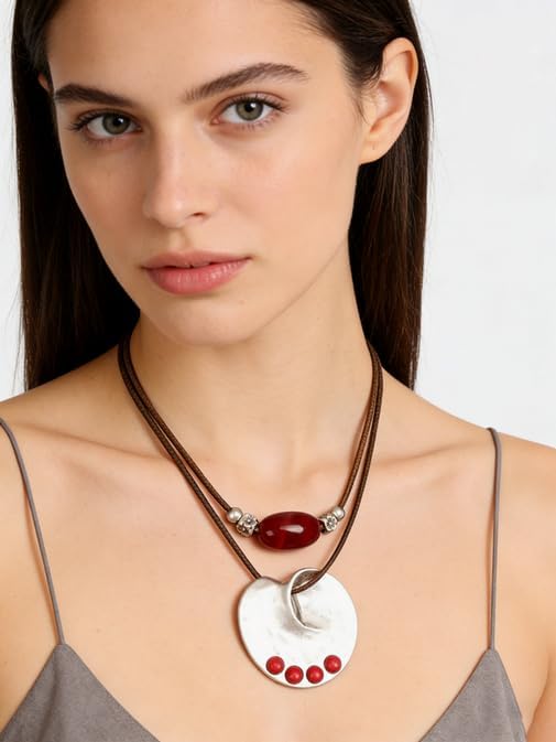 Boho Necklaces for Women Chunky Circle Necklace Layered Boho Circle Leather Choker Necklace Long Vintage Necklaces Bohemian Jewlery Gifts