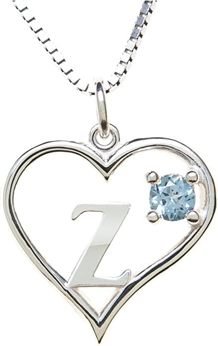 Silver Sterling Necklace Initial Letter A-Z Birthstone for Women – Personalized Custom Jewelry Pendant with Heart Design Customized Dainty Charm for Wife Girlfriend Mom – 18" Box Chain