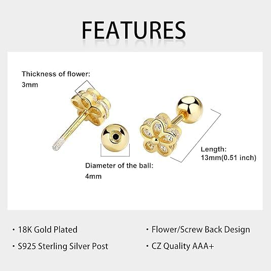 925 Sterling Silver Cubic Zirconia Screw Back Cute Flower Stud Earrings for Women