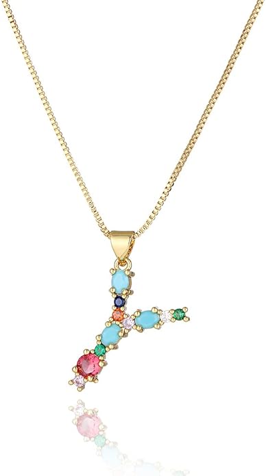 Eben-Ezer 18K Gold Box Chain Choker Initial Necklace Multi-Color Zircon Letter Pendant Script Name Custom Necklace for Women Gift Alphabet 26 A-Z