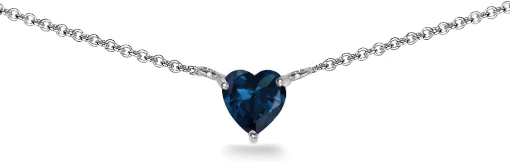 Birthstone Necklace for Women - Genuine or Synthetic Gemstone, 7mm Heart Solitaire, Short Dainty Layered Choker, Silver