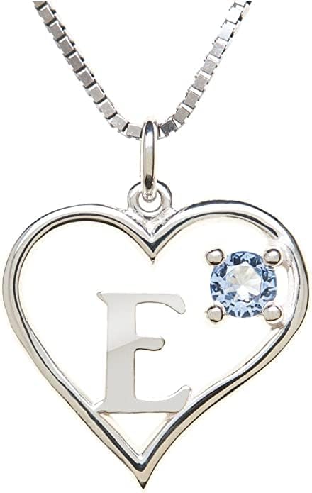 Silver Sterling Necklace Initial Letter A-Z Birthstone for Women – Personalized Custom Jewelry Pendant with Heart Design Customized Dainty Charm for Wife Girlfriend Mom – 18" Box Chain